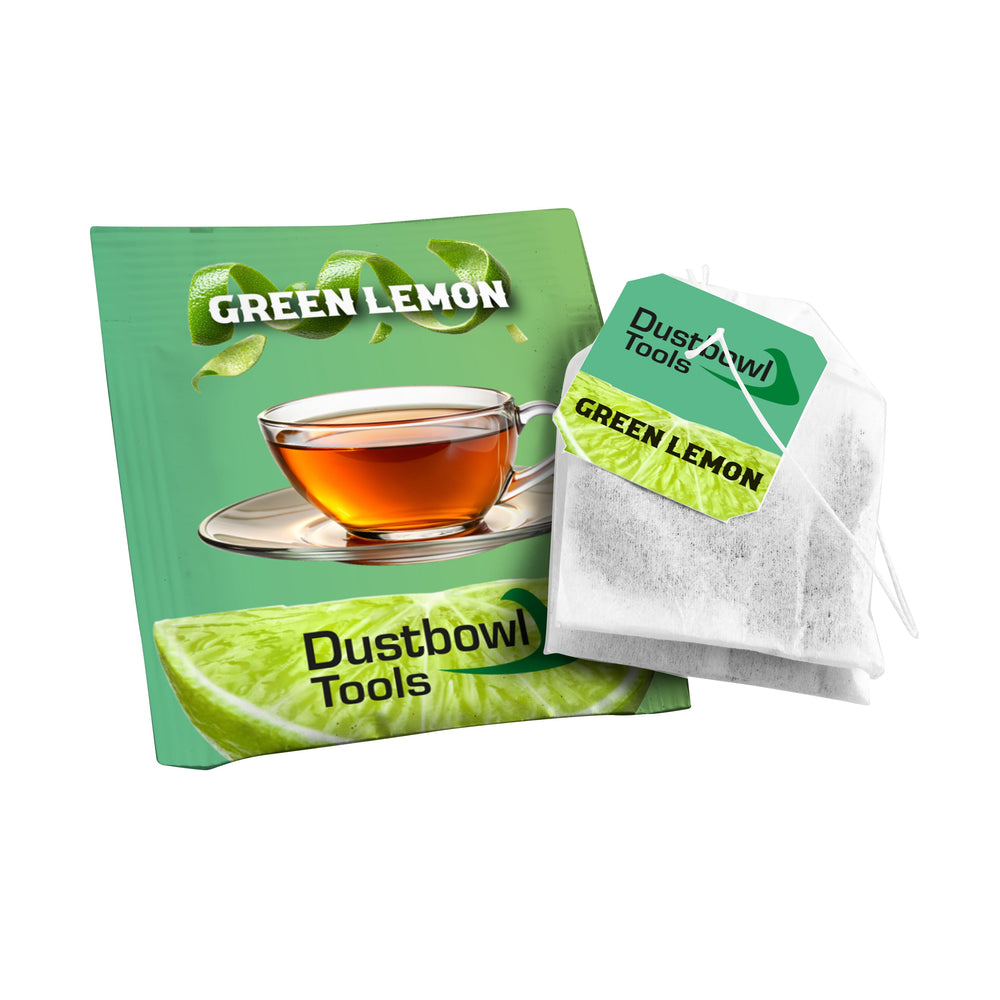 Theezakje met eigen theelabel in een full colour bedrukt papieren envelopje: Groene thee citroen