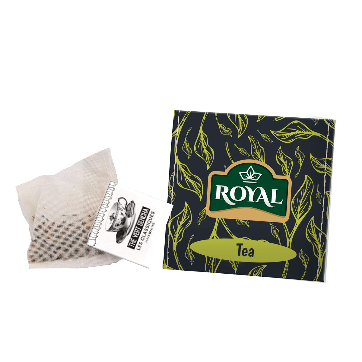 Katoenen theebuidel met thee naast een full colour bedrukt papieren zakje: Groene thee