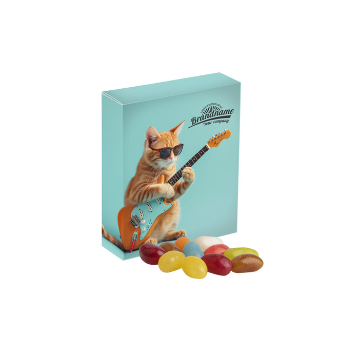 Klein papieren doosje met pepermunt, rondom full colour bedrukt met logo: Fruit Jelly Beans