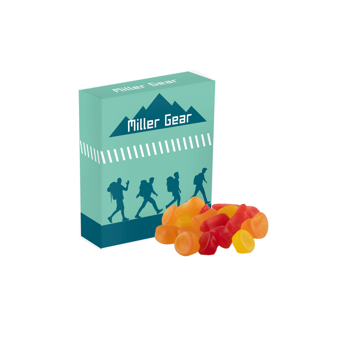 Klein papieren doosje met pepermunt, rondom full colour bedrukt met logo: Winegum fruitmix