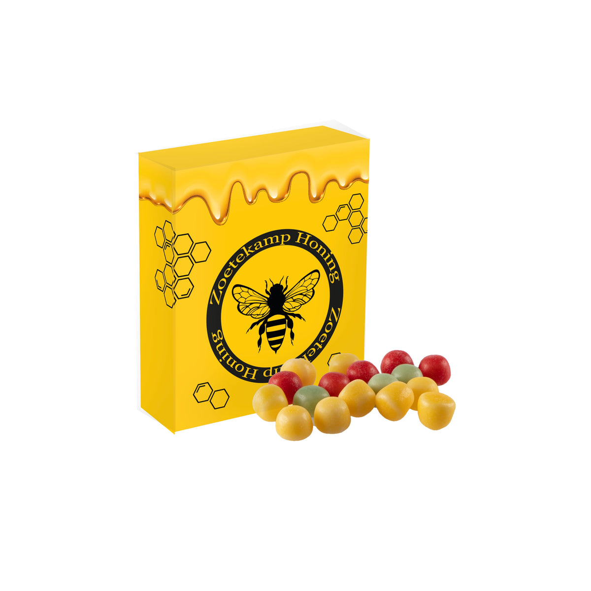 Klein papieren doosje met pepermunt, rondom full colour bedrukt met logo: Fruit parels