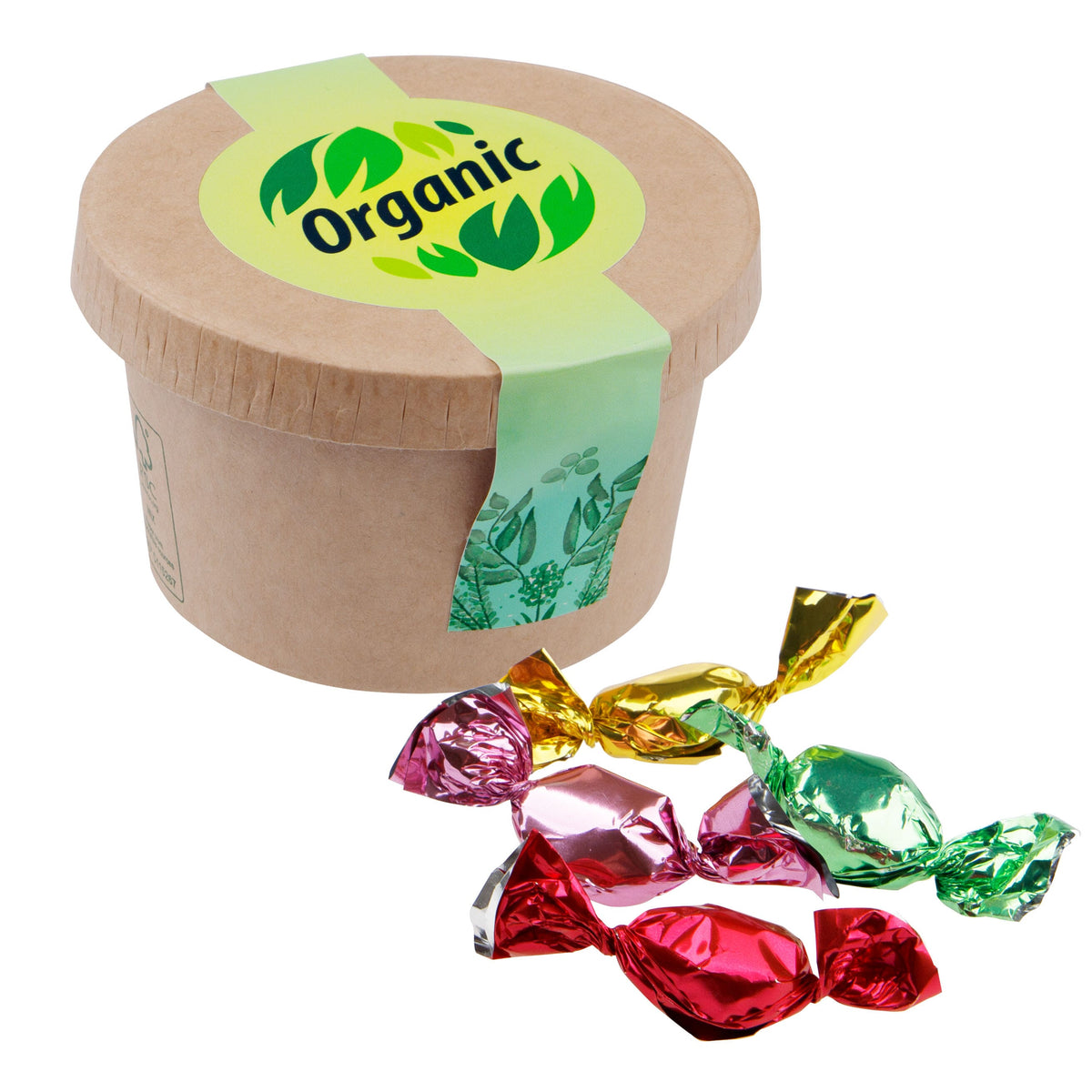 Bruin kartonnen bekertje met snoep en ronde full colour sticker op de deksel: Metallic sweets