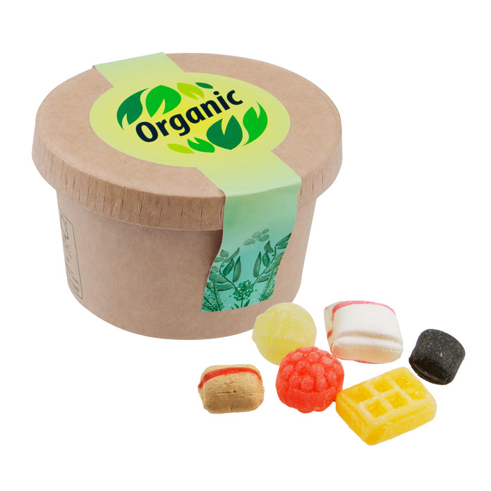 Bruin kartonnen bekertje met snoep en ronde full colour sticker op de deksel: Oud Hollandse mix