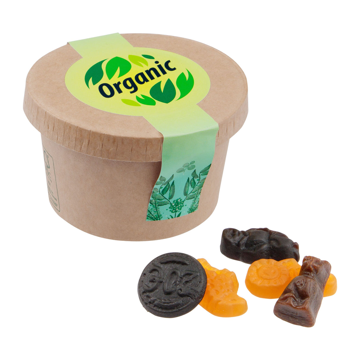 Bruin kartonnen bekertje met snoep en ronde full colour sticker op de deksel: Gemengd Drop