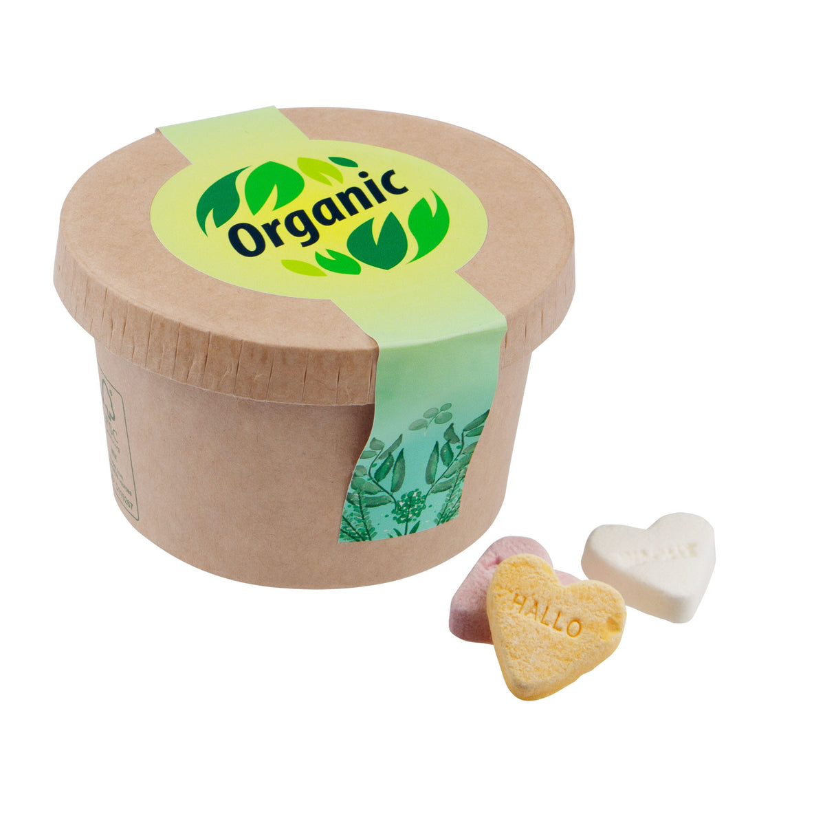Bruin kartonnen bekertje met snoep en ronde full colour sticker op de deksel: Vruchtenhartjes