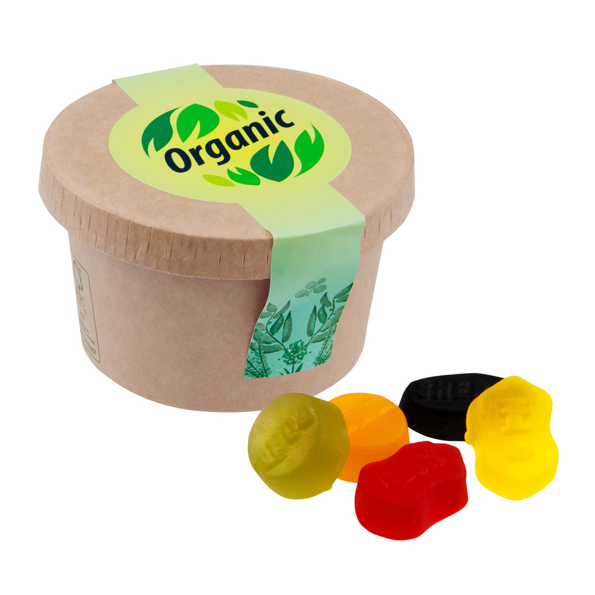 Bruin kartonnen bekertje met snoep en ronde full colour sticker op de deksel: Winegums