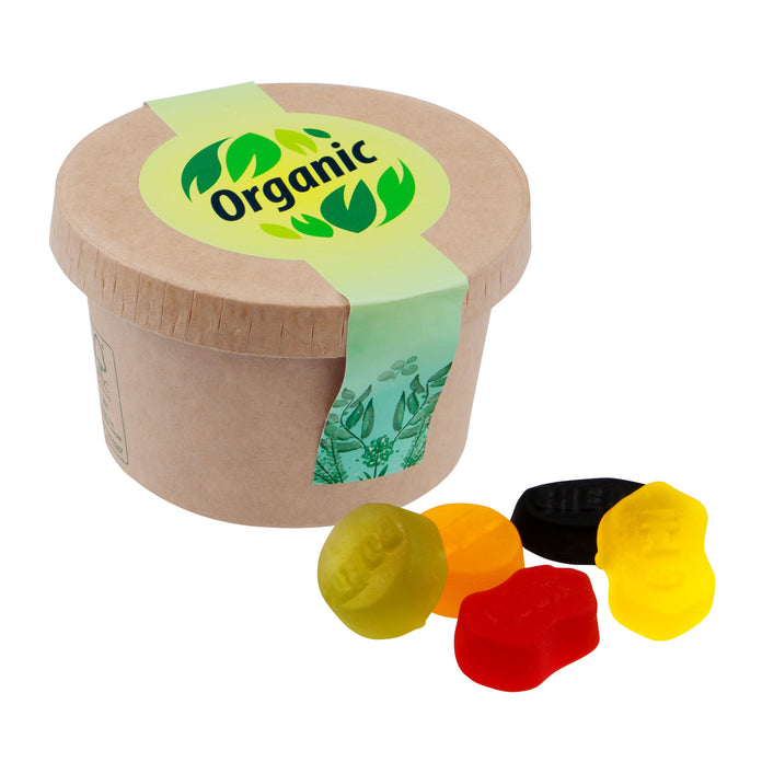 Bruin kartonnen bekertje met snoep en ronde full colour sticker op de deksel: Winegums