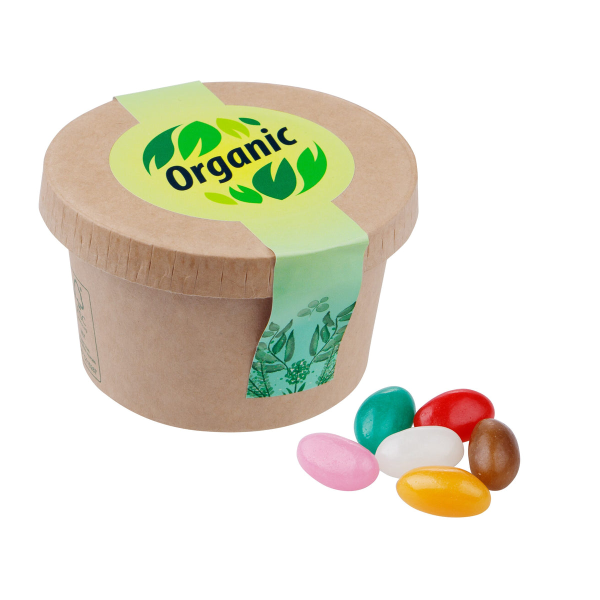 Bruin kartonnen bekertje met snoep en ronde full colour sticker op de deksel: Jelly beans