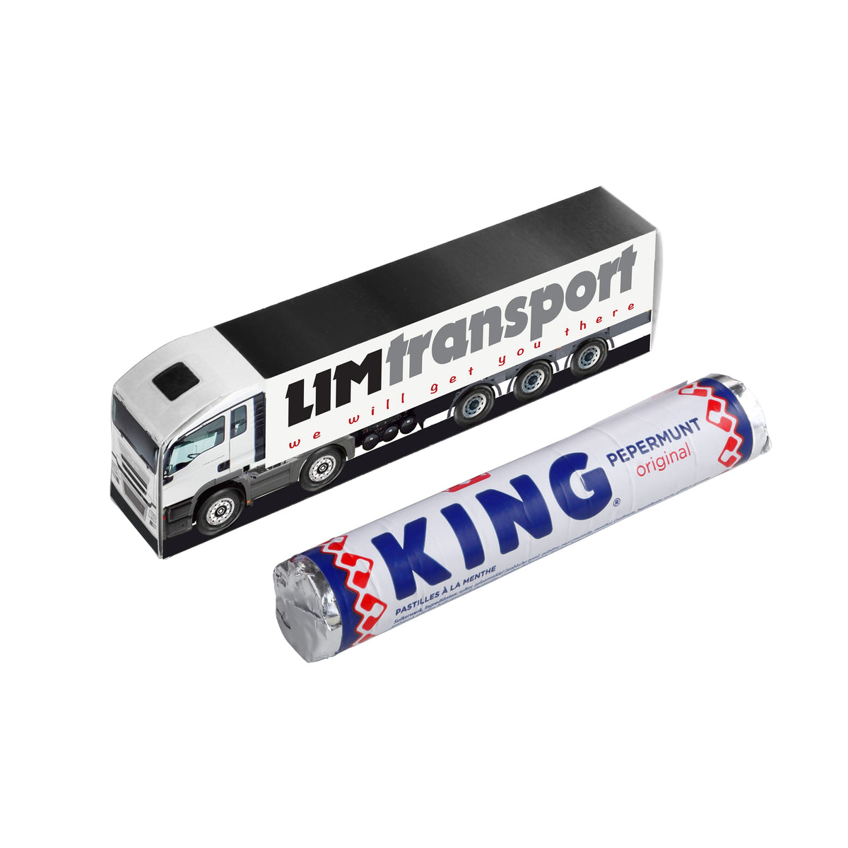 Papieren mini vrachtwagen met full colour bedrukking en een rol pepermunt als lading