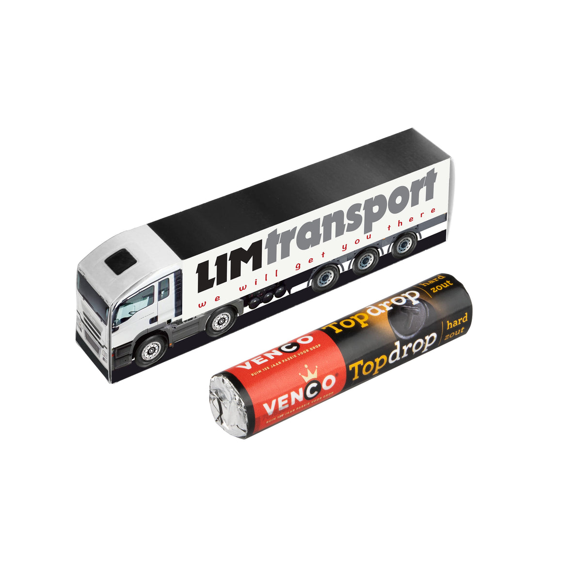 Papieren mini vrachtwagen met full colour bedrukking en een rol pepermunt als lading: Rol Topdrop