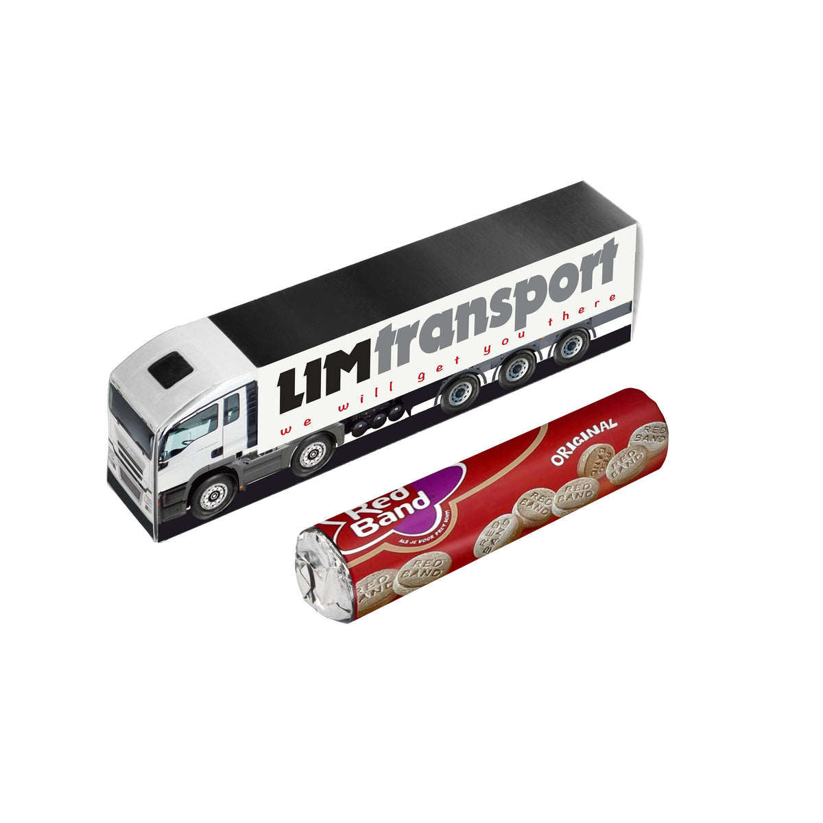 Papieren mini vrachtwagen met full colour bedrukking en een rol pepermunt als lading: Rol Stophoest