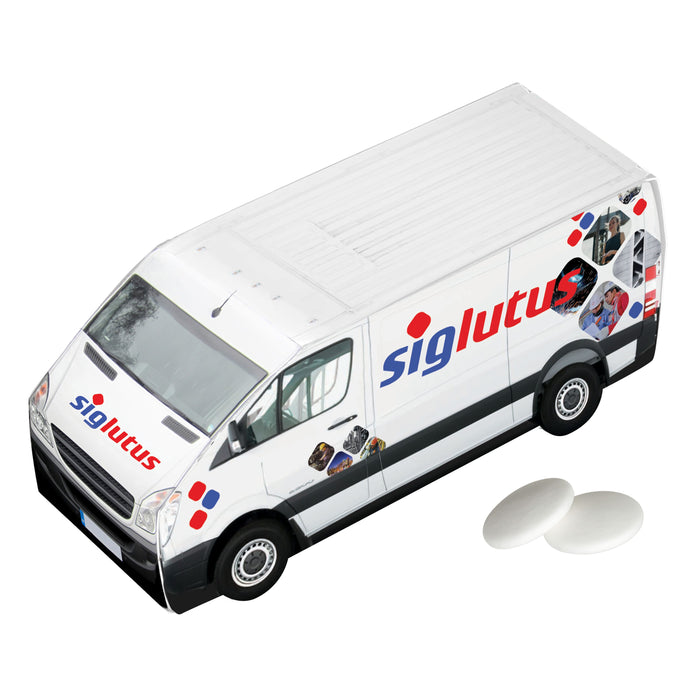 Papieren bestelauto met full colour bedrukking, gevuld met pepermunt