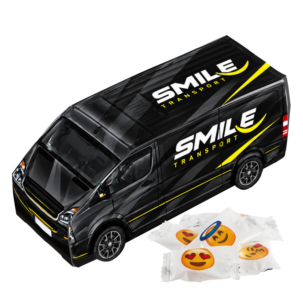 Papieren bestelauto met full colour bedrukking, gevuld met pepermunt: Emoji fruit