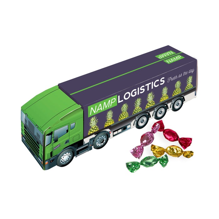Vrachtwagen van 20 cm met metallic sweets, bedrukt met logo