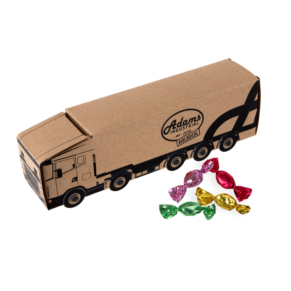 Bruine vrachtwagen van kraftpapier met full colour bedrukking en metallic sweets