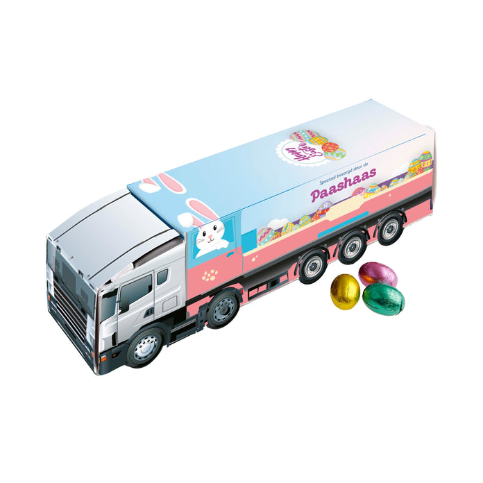 Papieren vrachtwagen met full colour bedrukking, gevuld met chocolade paaseitjes: Paaseieren Creamy klein assorti