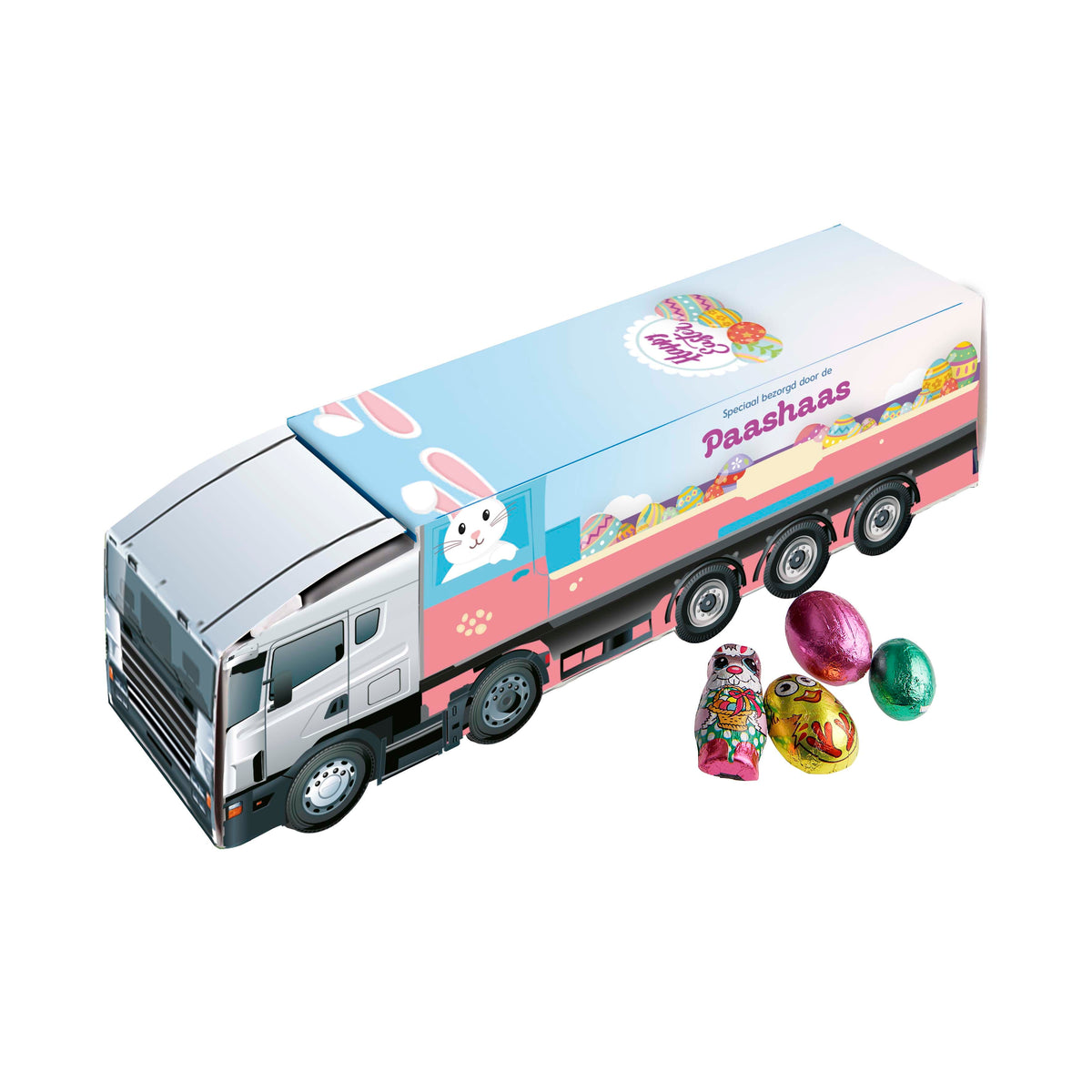 Papieren vrachtwagen met full colour bedrukking, gevuld met chocolade paaseitjes: Paasmix