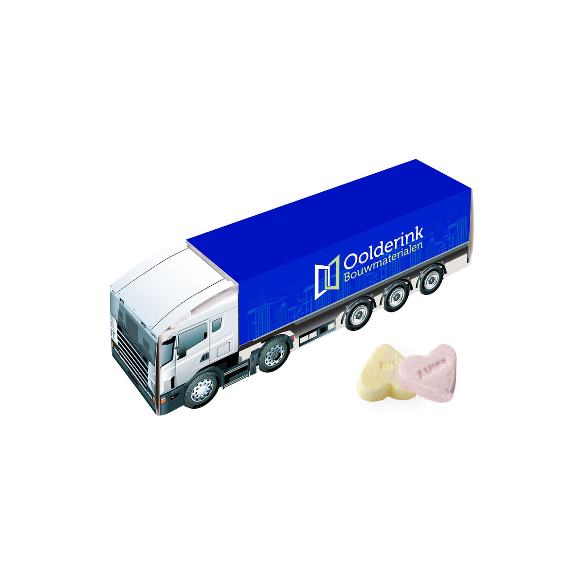 Medium papieren vrachtwagen met full colour bedrukking en vruchtenhartjes