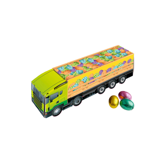 Medium papieren vrachtwagen met paasbedrukking, gevuld met chocolade paaseitjes