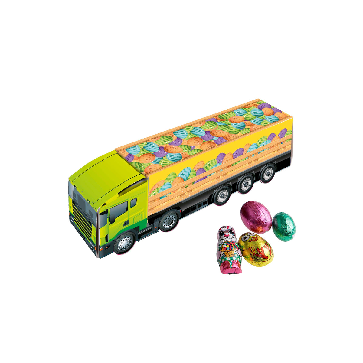 Medium papieren vrachtwagen met paasbedrukking, gevuld met chocolade paaseitjes: Paasmix
