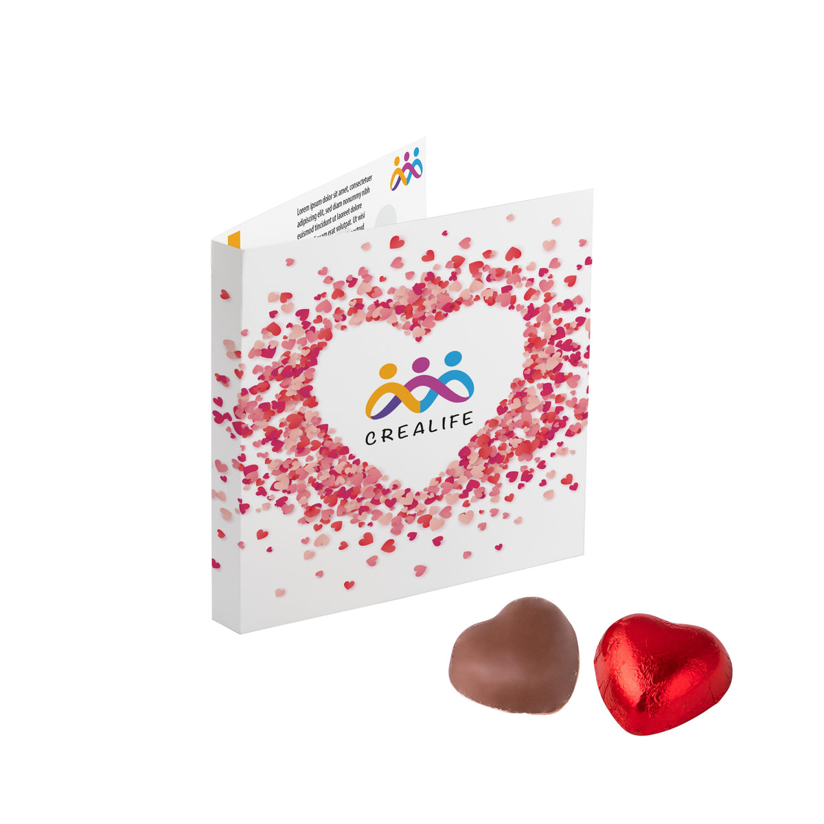 Vierkante full colour bedrukte vouwkaart met een napolitain chocolaatje erin: Chocolade hart