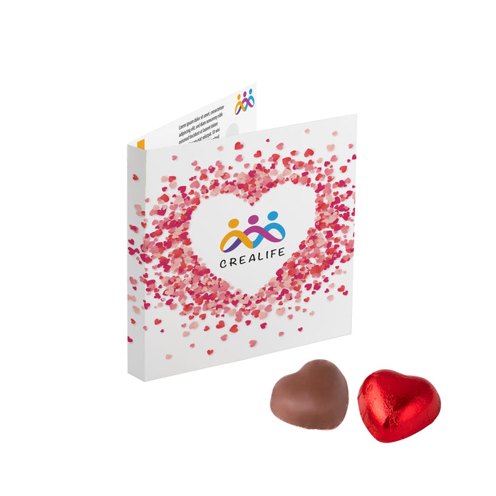 Vierkante full colour bedrukte vouwkaart met een napolitain chocolaatje erin: Chocolade hart