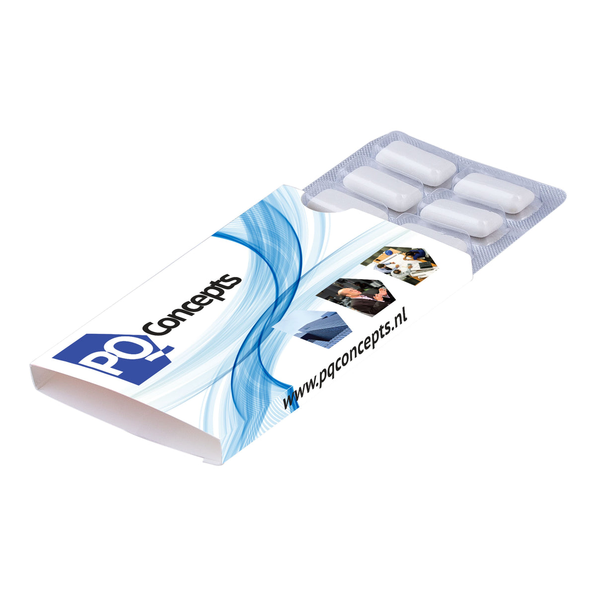 Blister met 12 kauwgomtabletten in een papieren sleeve met full colour bedrukking