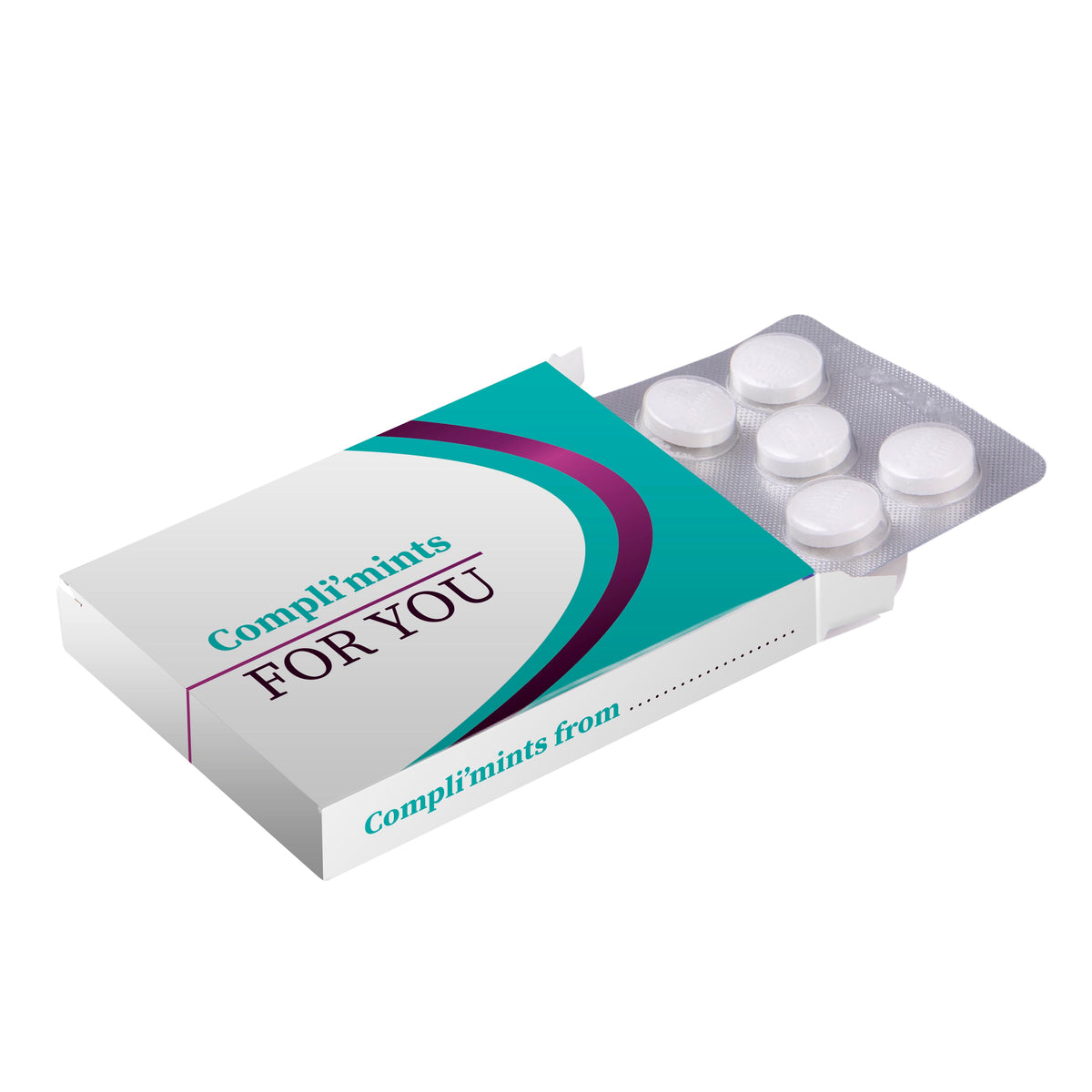 Full colour bedrukt medicijndoosje met een blister van 10 Compli'mints pepermuntjes