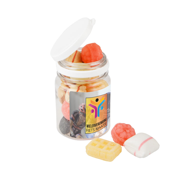 Transparant kunststof potje met wit deksel, gevuld met snoep en voorzien van een full colour sticker: Oud Hollandse mix