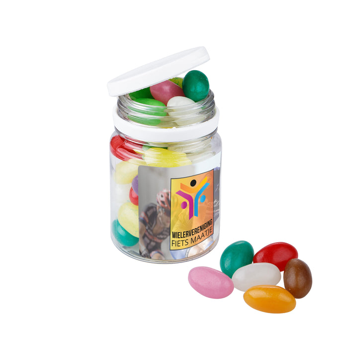 Transparant kunststof potje met wit deksel, gevuld met snoep en voorzien van een full colour sticker: Jelly beans