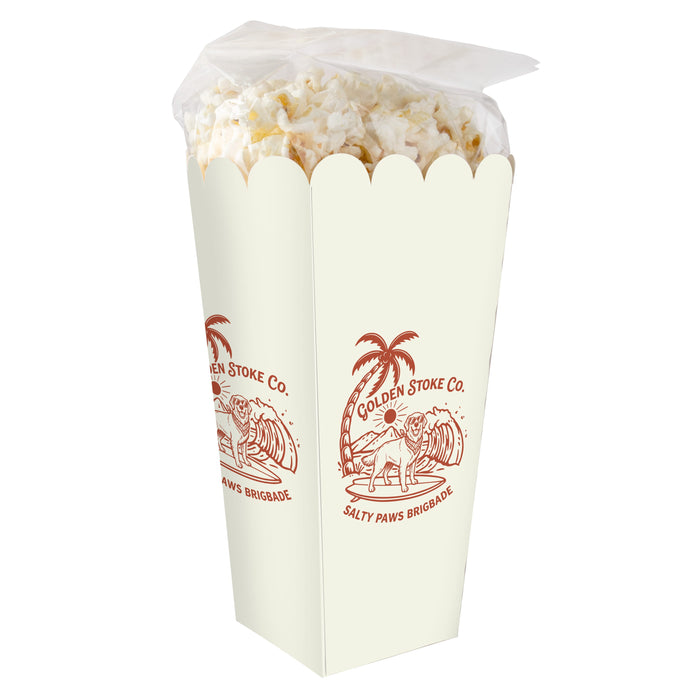 Full colour bedrukte doos gevuld met een zak zoute popcorn