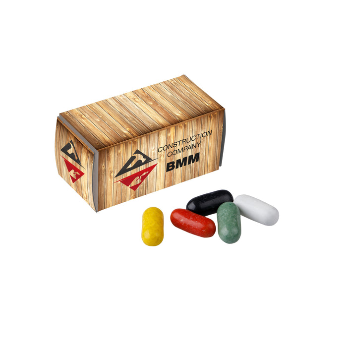 Kartonnen doosje in de vorm van een container met full colour bedrukking, gevuld met snoep