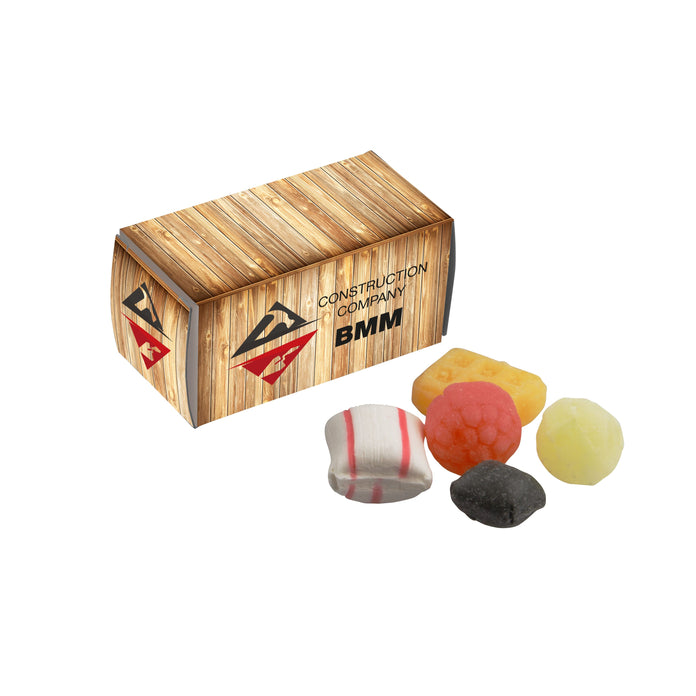 Kartonnen doosje in de vorm van een container met full colour bedrukking, gevuld met snoep: Oud Hollandse mix
