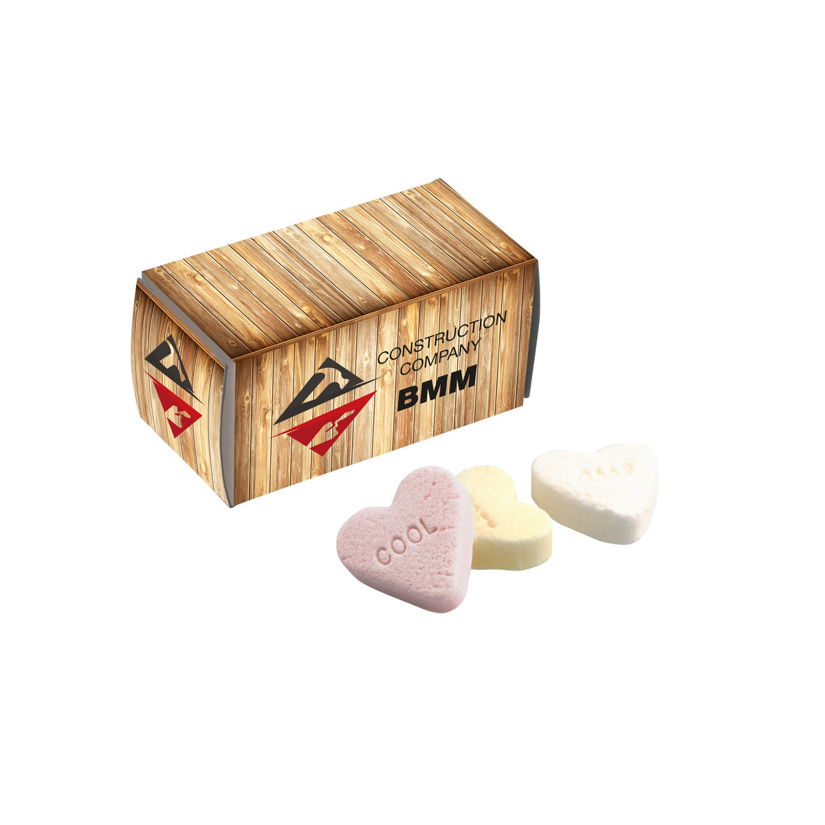 Kartonnen doosje in de vorm van een container met full colour bedrukking, gevuld met snoep: Vruchtenhartjes