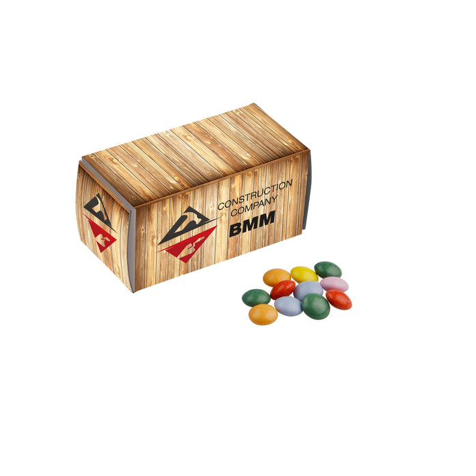 Kartonnen doosje in de vorm van een container met full colour bedrukking, gevuld met snoep: Mini choco
