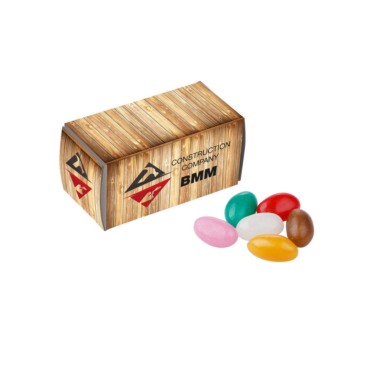 Kartonnen doosje in de vorm van een container met full colour bedrukking, gevuld met snoep: Jelly beans