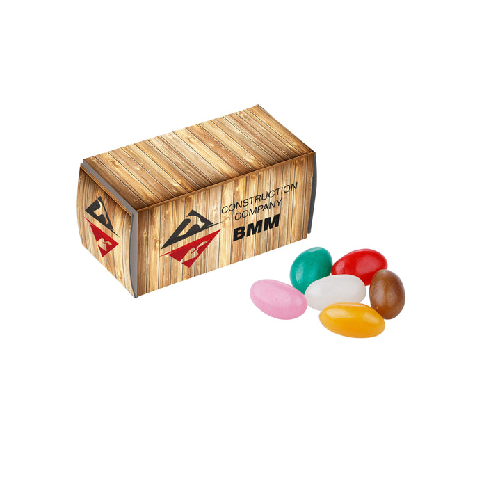 Kartonnen doosje in de vorm van een container met full colour bedrukking, gevuld met snoep: Jelly beans