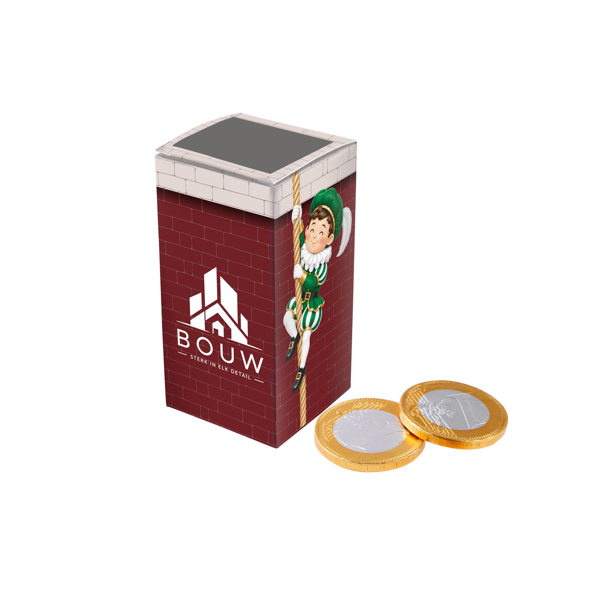 Papieren doosje in de vorm van een schoorsteen met full colour bedrukking, gevuld met kruidnoten: Chocolade munten