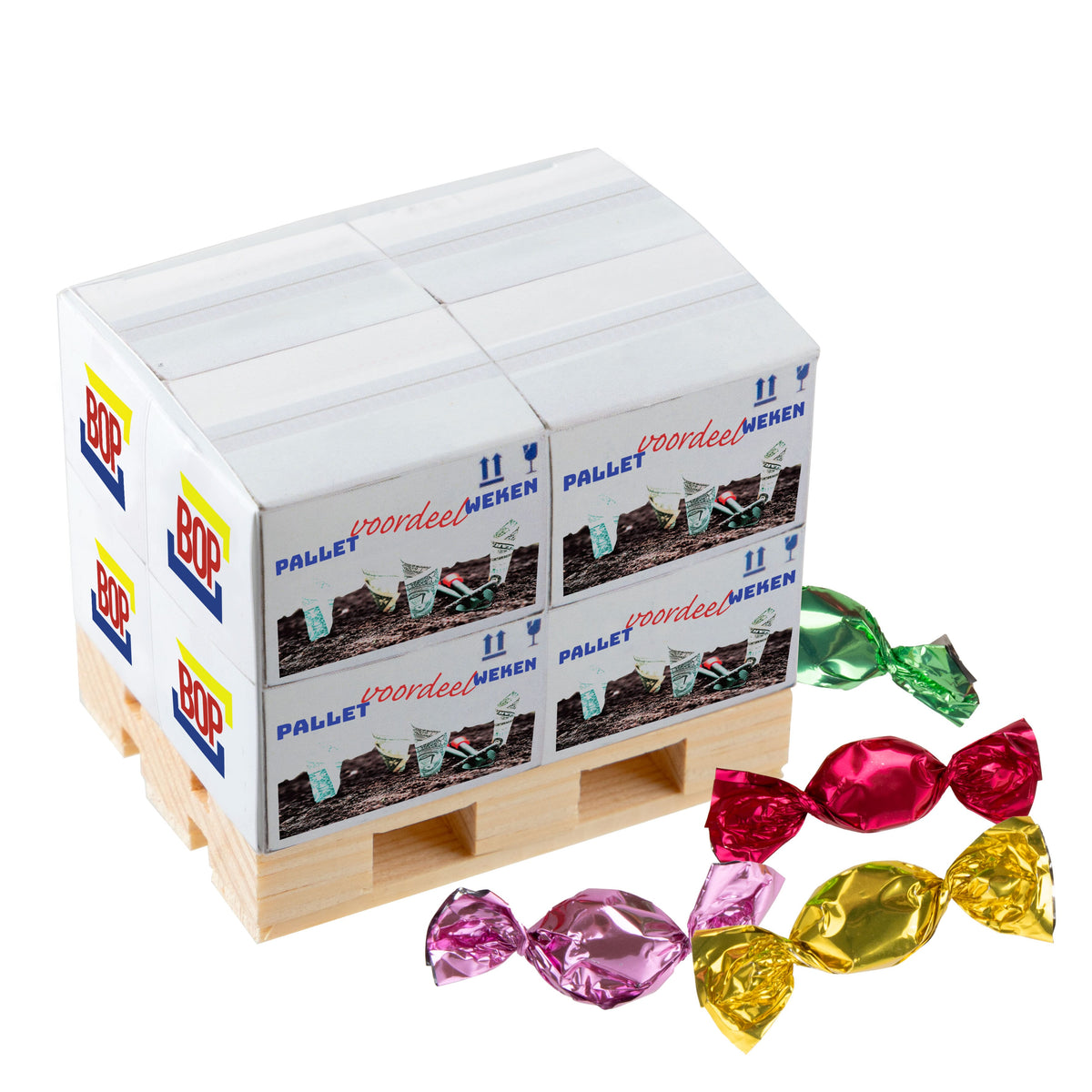 Houten micro pallet met daarop een full colour bedrukte doos gevuld met metallic sweets