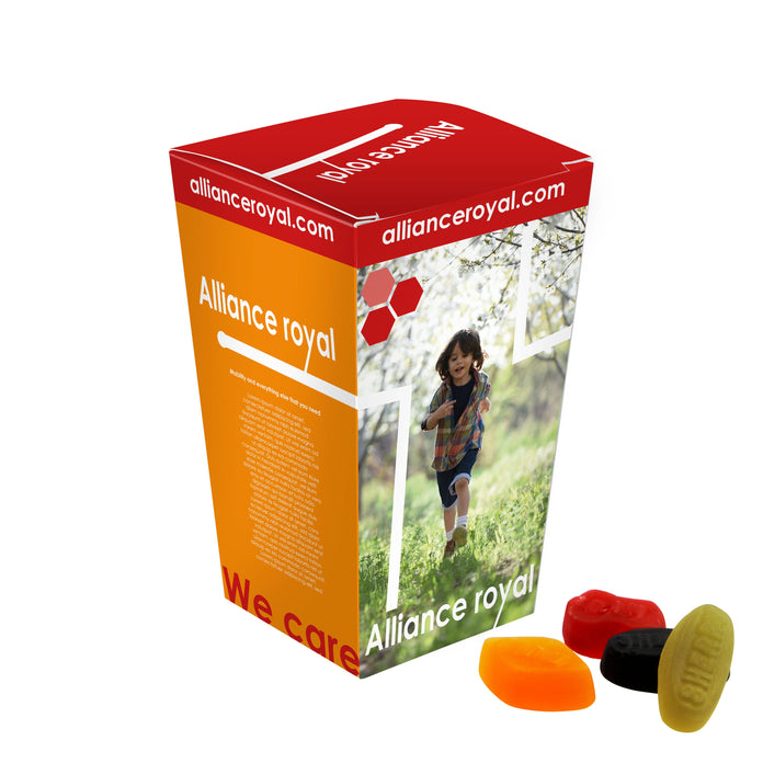 Full colour bedrukt papieren snoepdoosje dat in de bekerhouder van een auto past: Winegums