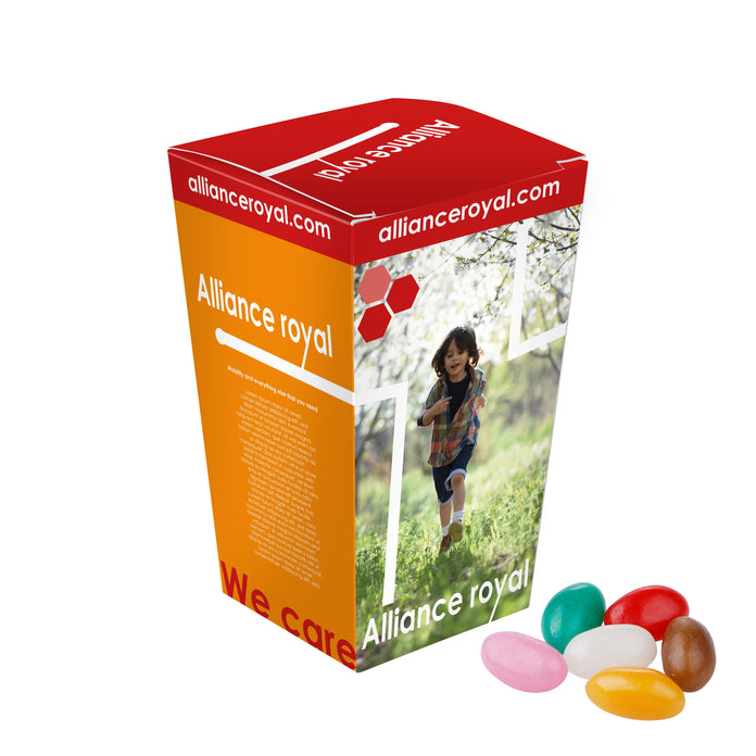 Full colour bedrukt papieren snoepdoosje dat in de bekerhouder van een auto past: Jelly beans