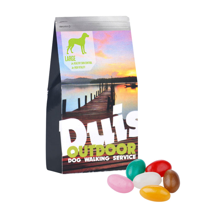 Klein papieren voerzakje met full colour bedrukking, gevuld met snoep: Jelly beans