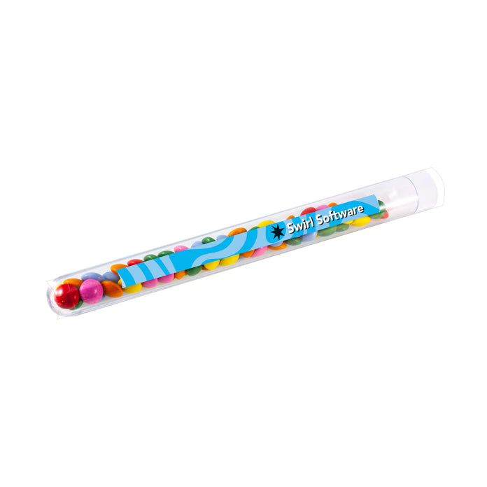 Transparant reageerbuisje gevuld met mini choco's en een full colour bedrukking op de zijkant