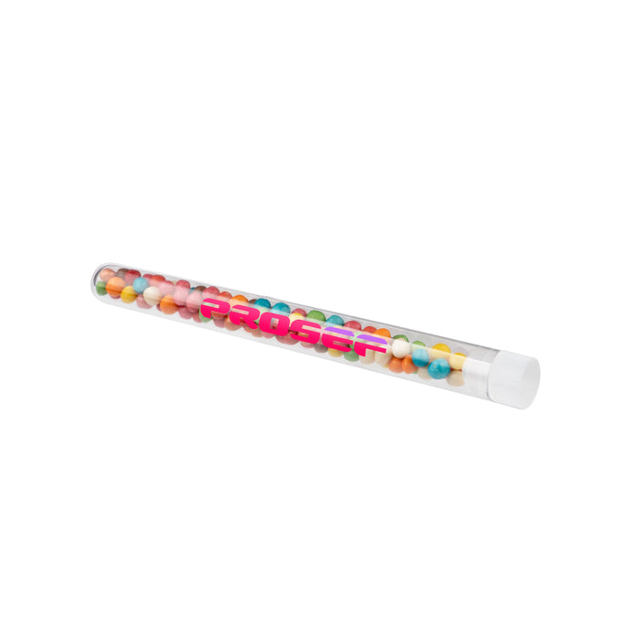 Transparant reageerbuisje gevuld met gekleurde crispy parels en een full colour bedrukking