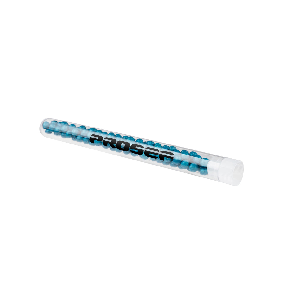 Transparant reageerbuisje gevuld met gekleurde crispy parels en een full colour bedrukking: Parel crispy blauw
