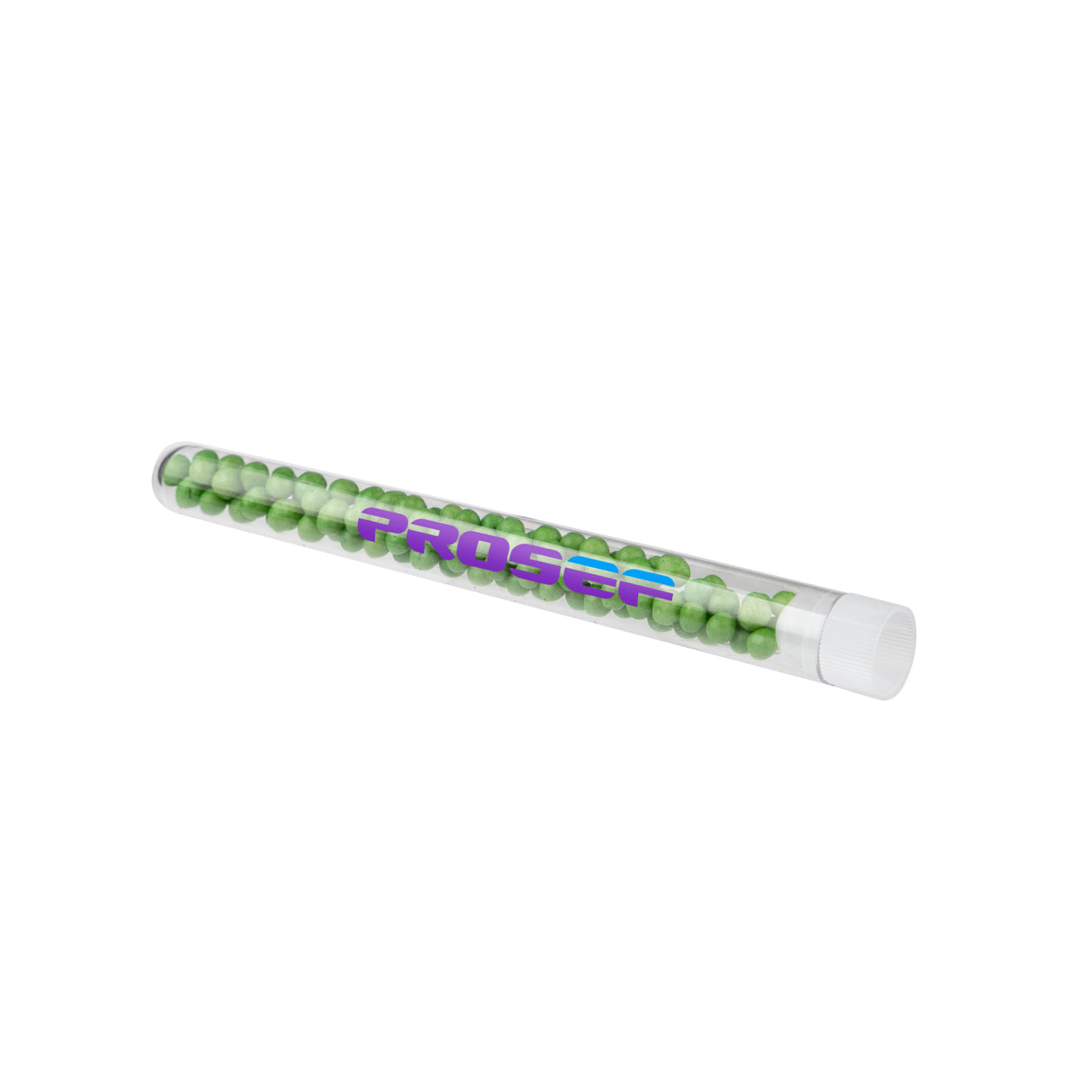 Transparant reageerbuisje gevuld met gekleurde crispy parels en een full colour bedrukking: Parel crispy groen