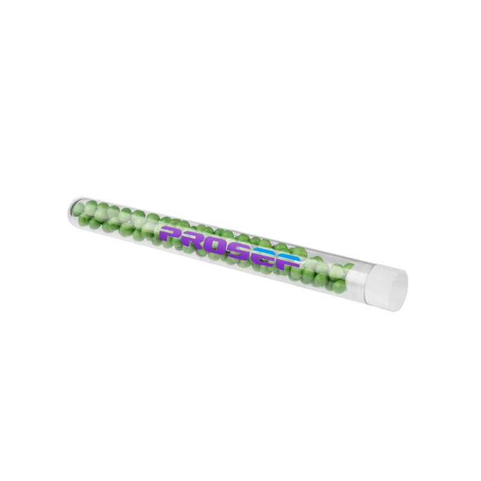 Transparant reageerbuisje gevuld met gekleurde crispy parels en een full colour bedrukking: Parel crispy groen