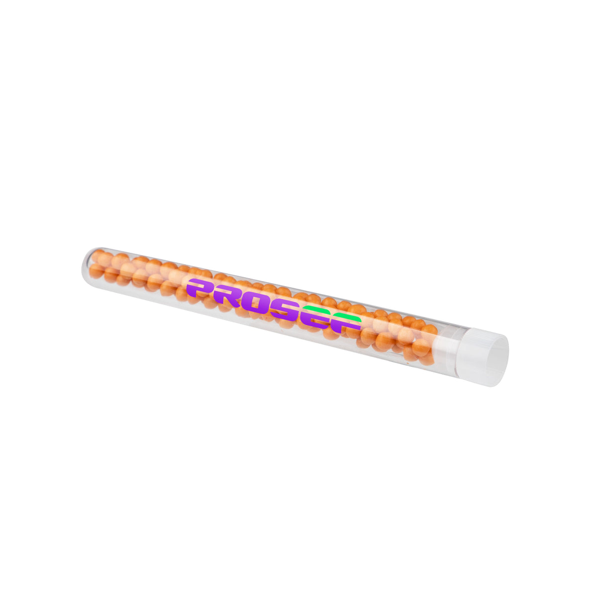 Transparant reageerbuisje gevuld met gekleurde crispy parels en een full colour bedrukking: Parel crispy oranje
