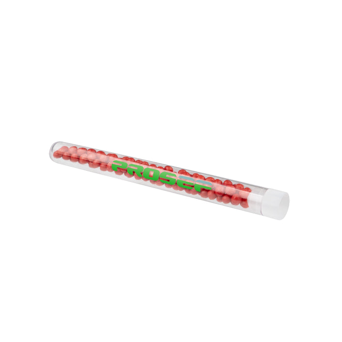 Transparant reageerbuisje gevuld met gekleurde crispy parels en een full colour bedrukking: Parel crispy rood