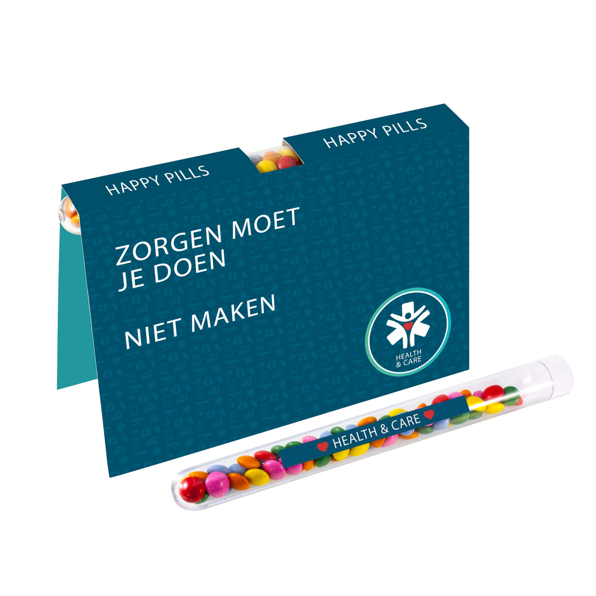 Full colour bedrukte vouwkaart met daarin een bedrukt reageerbuisje gevuld met mini pepermuntjes: Mini choco